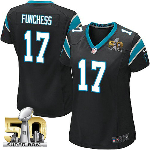 Women Carolina Panthers #17 Devin Funchess Black 2016 Super Bowl 50 Game Jersey