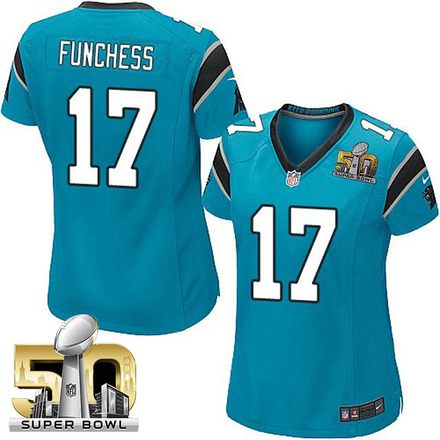 Women Carolina Panthers #17 Devin Funchess Blue 2016 Super Bowl 50 Game Jersey