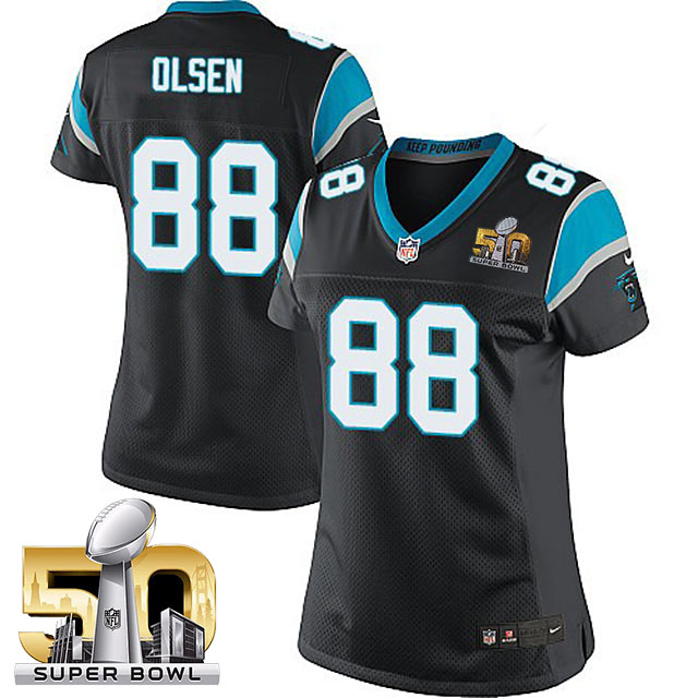 Women Carolina Panthers #88 Greg Olsen Black 2016 Super Bowl 50 Game Jersey
