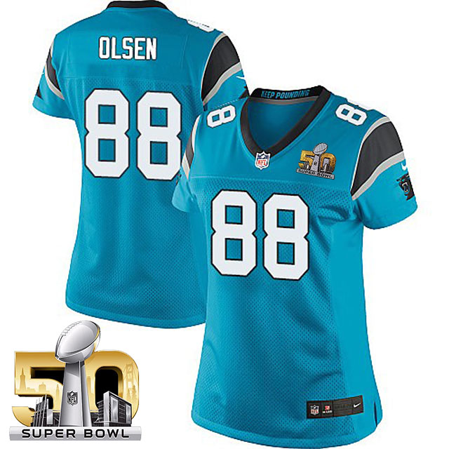 Women Carolina Panthers #88 Greg Olsen Blue 2016 Super Bowl 50 Game Jersey