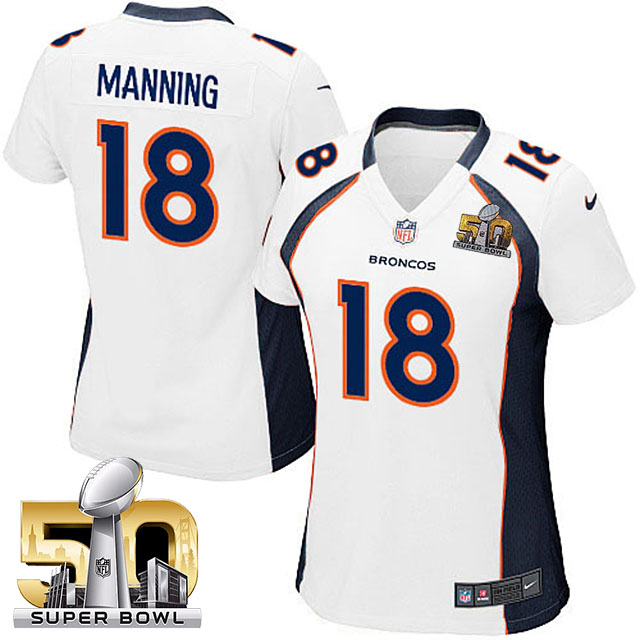Women 2016 Super Bowl 50 Denver Broncos #18 Peyton Manning White Game Jersey Women 2016 Super Bowl 50 Denver Broncos #18 Peyton Manning White Game Jersey