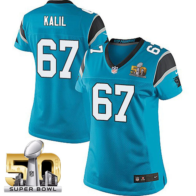 Women Carolina Panthers #67 Ryan Kalil Blue 2016 Super Bowl 50 Game Jersey
