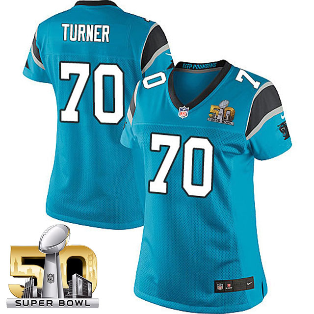 Women Carolina Panthers #70 Trai Turner Blue 2016 Super Bowl 50 Game Jersey