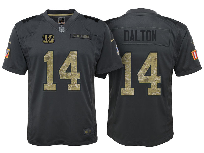 Youth Cincinnati Bengals #14 Andy Dalton Camo Anthracite Salute to Service Game Jersey With Super Bowl LVI Patch Youth Cincinnati Bengals #14 Andy Dalton Camo Anthracite Salute to Service Game Jersey With Super Bowl LVI Patch