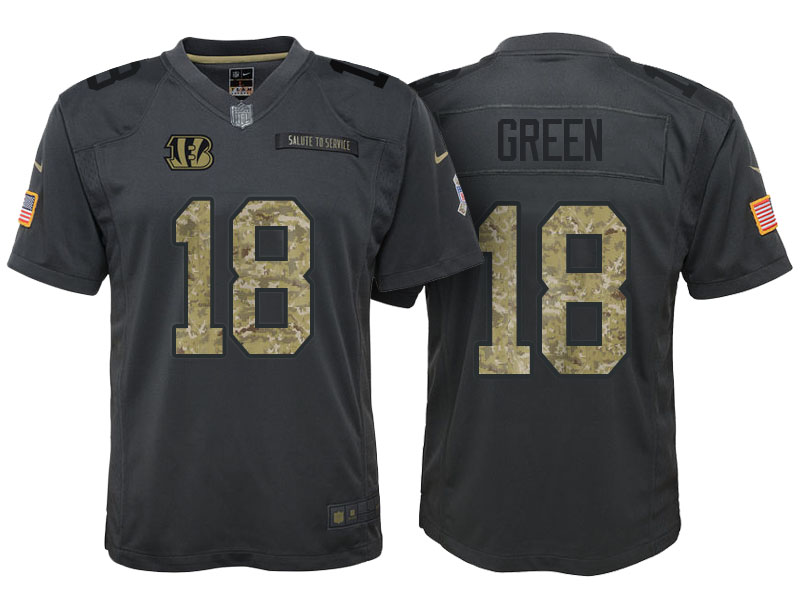 Youth Cincinnati Bengals #18 A.J. Green Camo Anthracite Salute to Service Game Jersey With Super Bowl LVI Patch Youth Cincinnati Bengals #18 A.J. Green Camo Anthracite Salute to Service Game Jersey With Super Bowl LVI Patch