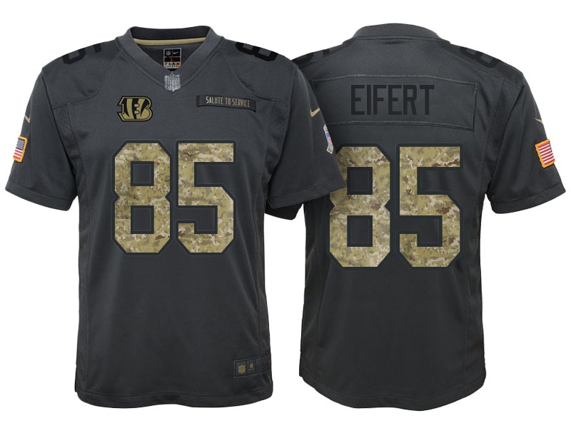 Youth Cincinnati Bengals #85 Tyler Eifert Camo Anthracite Salute to Service Game Jersey With Super Bowl LVI Patch Youth Cincinnati Bengals #85 Tyler Eifert Camo Anthracite Salute to Service Game Jersey With Super Bowl LVI Patch