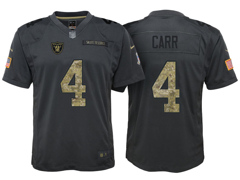 Youth Oakland Raiders #4 Derek Carr Camo Anthracite 2016 Salute to Service Game Jersey Youth Oakland Raiders #4 Derek Carr Camo Anthracite 2016 Salute to Service Game Jersey