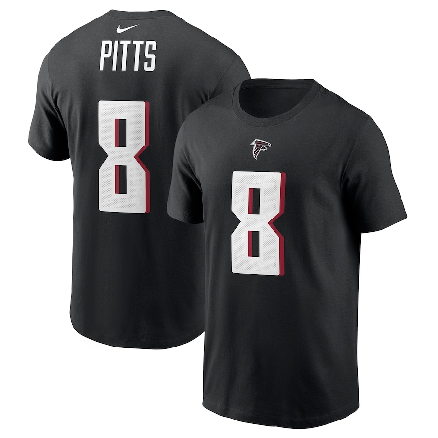 Atlanta Falcons Kyle Pitts Football Black Player Name & Number T-Shirt - Man Atlanta Falcons Kyle Pitts Football Black Player Name & Number T-Shirt - Man