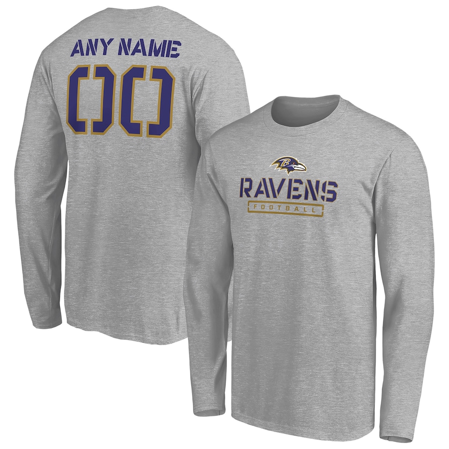 Baltimore Ravens Gray Personalized Name & Number Evanston Stencil Long Sleeve T-Shirt - Man Baltimore Ravens Gray Personalized Name & Number Evanston Stencil Long Sleeve T-Shirt - Man