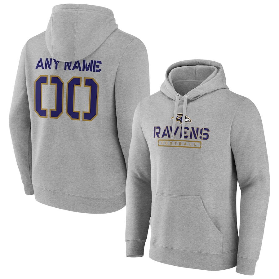 Baltimore Ravens Gray Personalized Name & Number Evanston Stencil Pullover Hoodie - Man