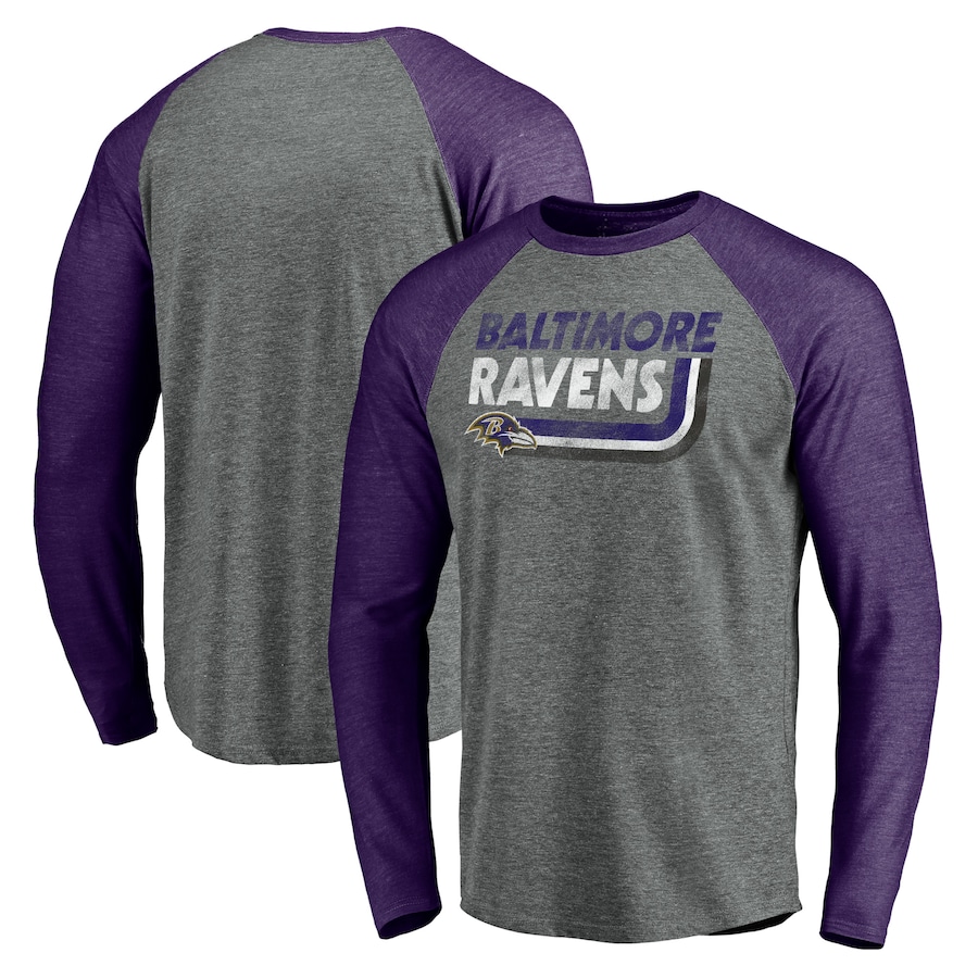 Baltimore Ravens Heathered Gray/Heathered Purple Vintage On The Ropes Raglan Tri-Blend Long Sleeve T-Shirt - Man Baltimore Ravens Heathered Gray/Heathered Purple Vintage On The Ropes Raglan Tri-Blend Long Sleeve T-Shirt - Man