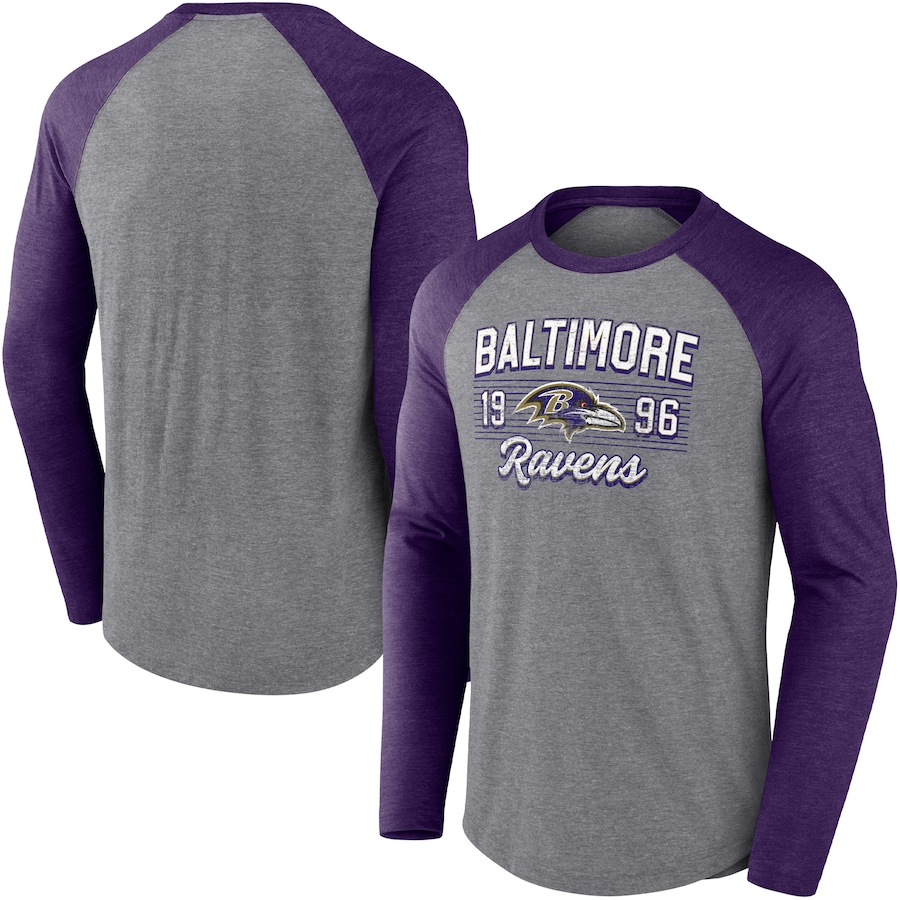 Baltimore Ravens Heathered Gray/Heathered Purple Weekend Casual Raglan Long Sleeve T-Shirt - Man Baltimore Ravens Heathered Gray/Heathered Purple Weekend Casual Raglan Long Sleeve T-Shirt - Man