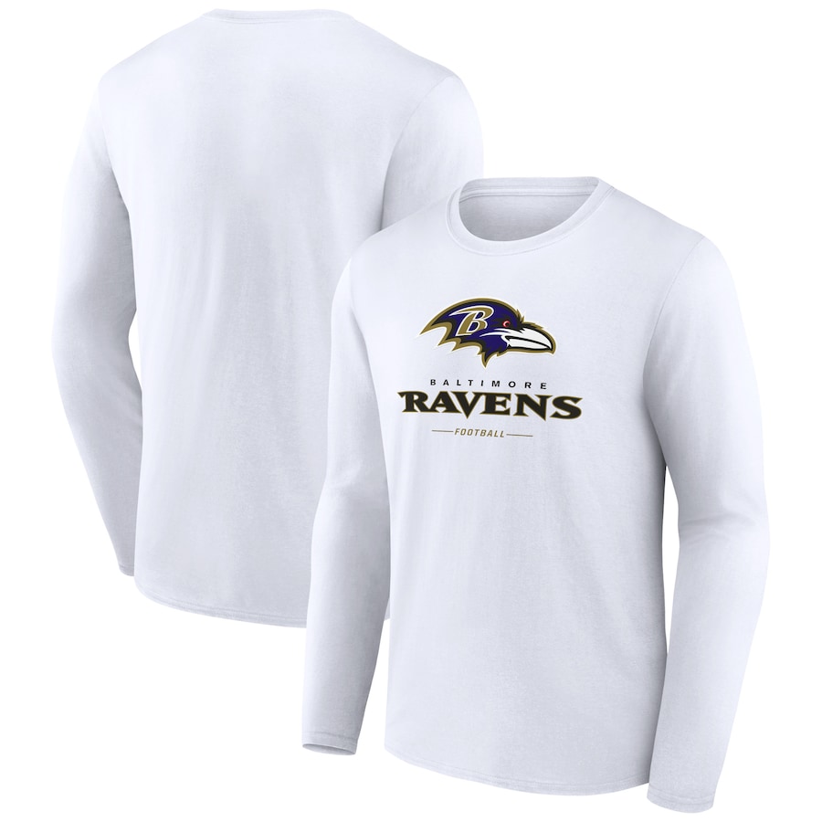 Baltimore Ravens White Logo Team Lockup Long Sleeve T-Shirt - Man Baltimore Ravens White Logo Team Lockup Long Sleeve T-Shirt - Man