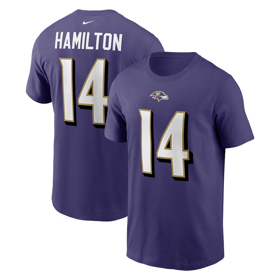 Baltimore Ravens Kyle Hamilton Football Purple Player Name & Number T-Shirt - Man Baltimore Ravens Kyle Hamilton Football Purple Player Name & Number T-Shirt - Man