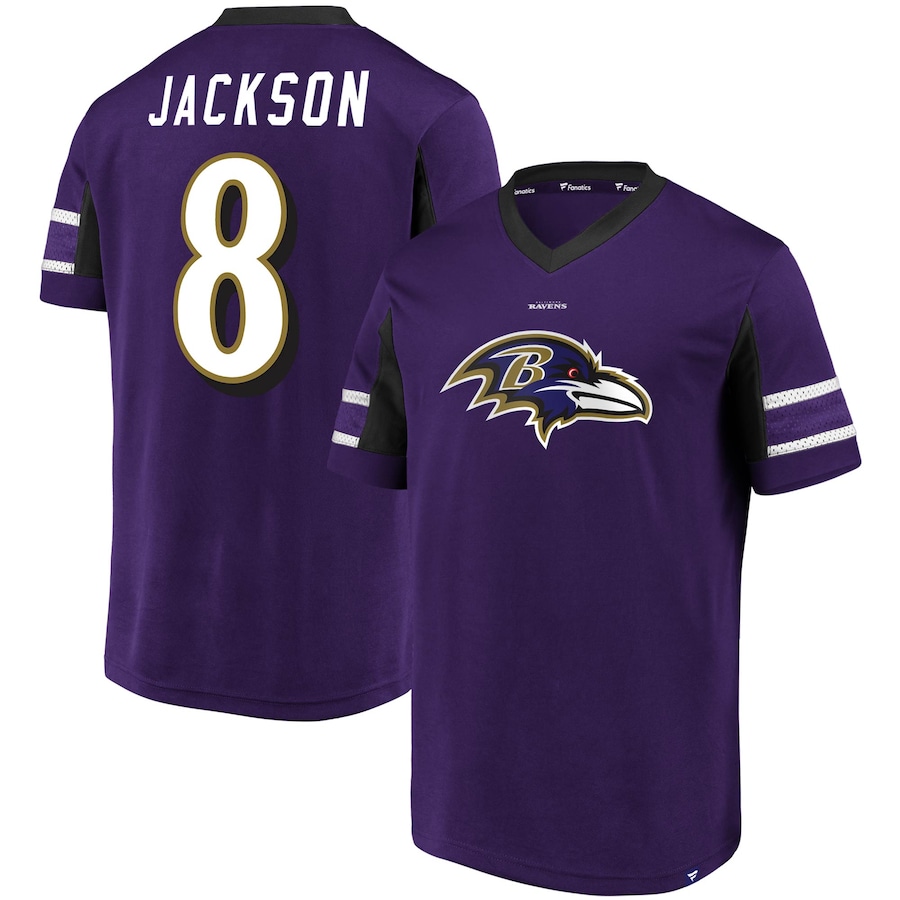 Baltimore Ravens Lamar Jackson Purple Hashmark Player Name & Number V-Neck Top - Man Baltimore Ravens Lamar Jackson Purple Hashmark Player Name & Number V-Neck Top - Man