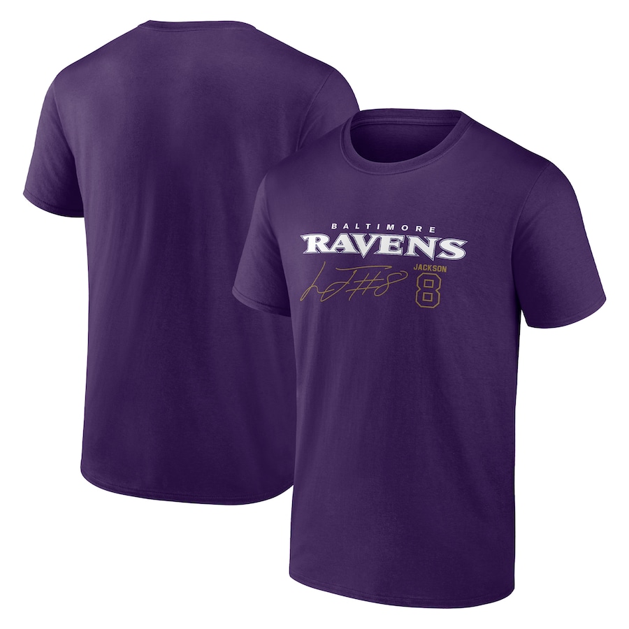Baltimore Ravens Lamar Jackson Purple Name & Number Team T-Shirt - Man Baltimore Ravens Lamar Jackson Purple Name & Number Team T-Shirt - Man