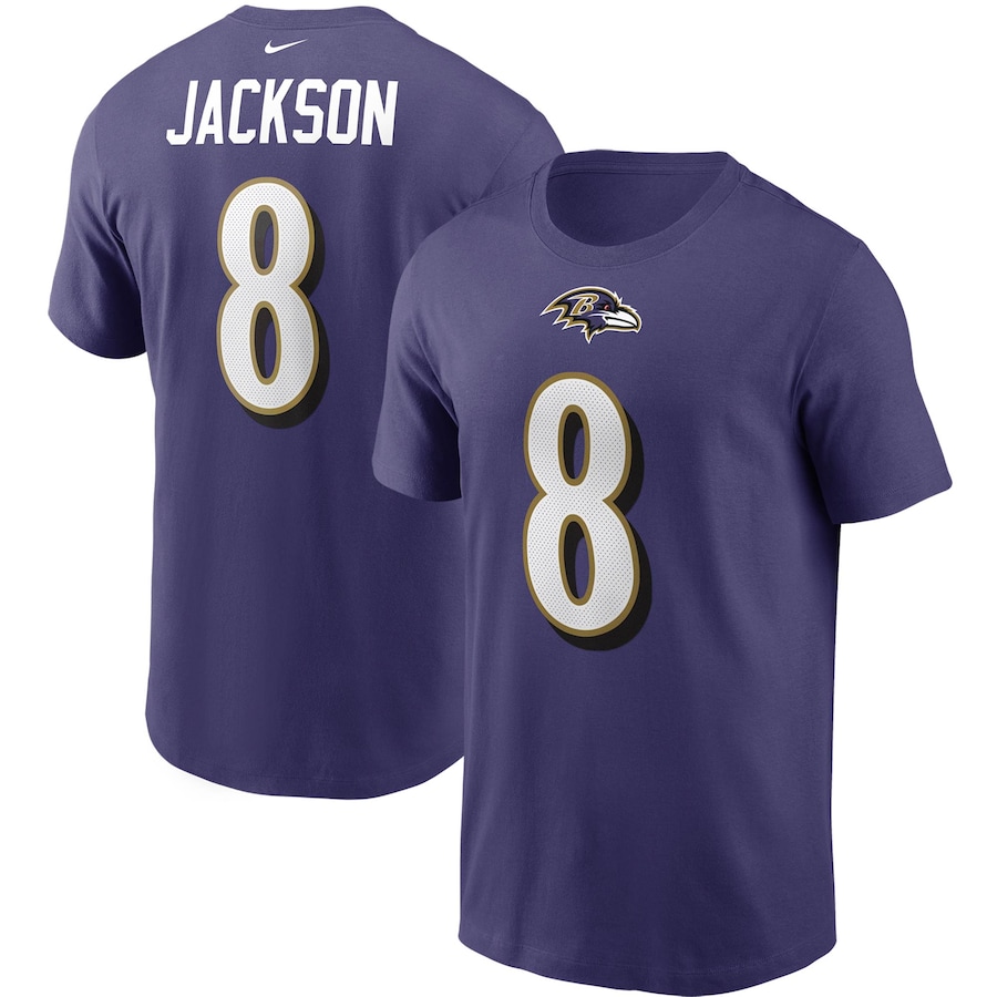 Baltimore Ravens Lamar Jackson Football Purple Name & Number T-Shirt - Man Baltimore Ravens Lamar Jackson Football Purple Name & Number T-Shirt - Man