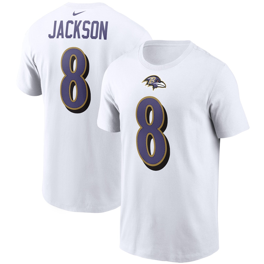 Baltimore Ravens Lamar Jackson Football White Name & Number T-Shirt - Man Baltimore Ravens Lamar Jackson Football White Name & Number T-Shirt - Man