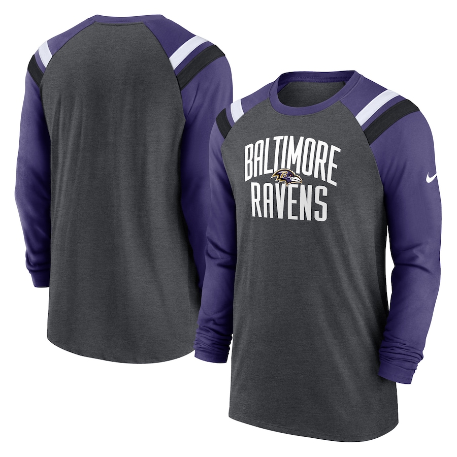 Baltimore Ravens Football Heathered Charcoal/Purple Tri-Blend Raglan Athletic Long Sleeve Fashion T-Shirt - Man Baltimore Ravens Football Heathered Charcoal/Purple Tri-Blend Raglan Athletic Long Sleeve Fashion T-Shirt - Man