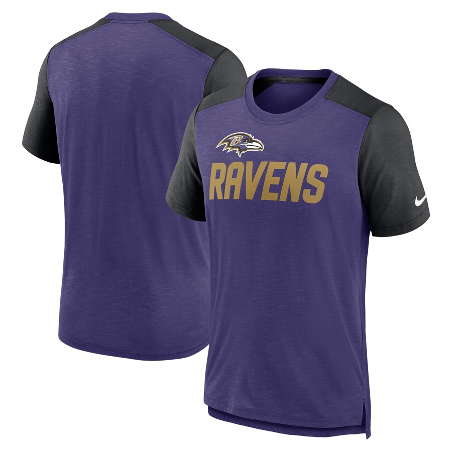 Baltimore Ravens Football Heathered Purple/Heathered Black Color Block Team Name T-Shirt - Man Baltimore Ravens Football Heathered Purple/Heathered Black Color Block Team Name T-Shirt - Man