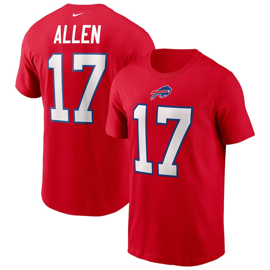 Buffalo Bills Josh Allen Football Red Name & Number T-Shirt - Man Buffalo Bills Josh Allen Football Red Name & Number T-Shirt - Man