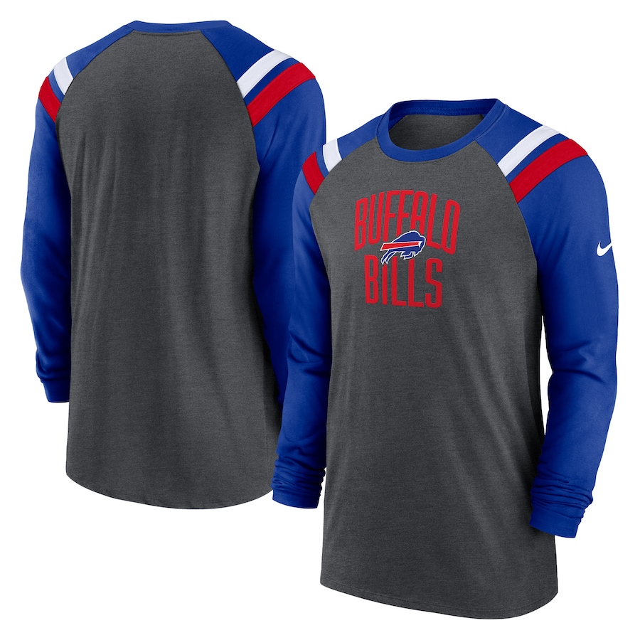 Buffalo Bills Football Heathered Charcoal/Royal Tri-Blend Raglan Athletic Long Sleeve Fashion T-Shirt - Man Buffalo Bills Football Heathered Charcoal/Royal Tri-Blend Raglan Athletic Long Sleeve Fashion T-Shirt - Man
