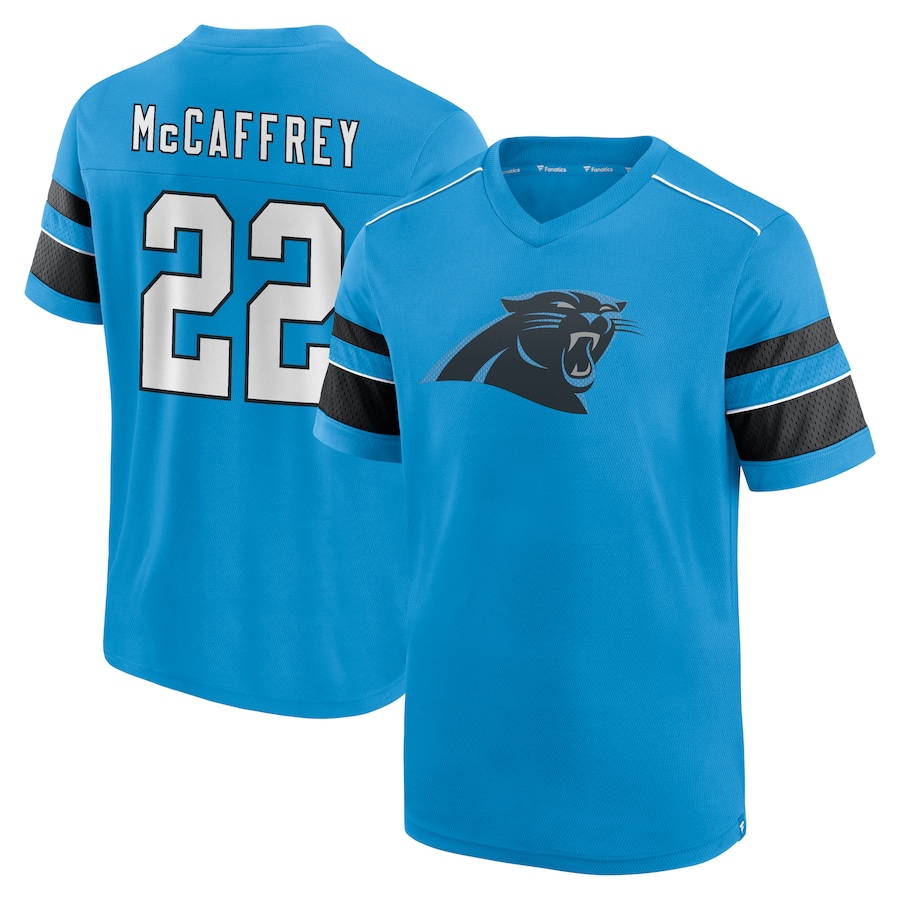 Carolina Panthers Christian McCaffrey Blue Hashmark Name & Number V-Neck T-Shirt - Man Carolina Panthers Christian McCaffrey Blue Hashmark Name & Number V-Neck T-Shirt - Man
