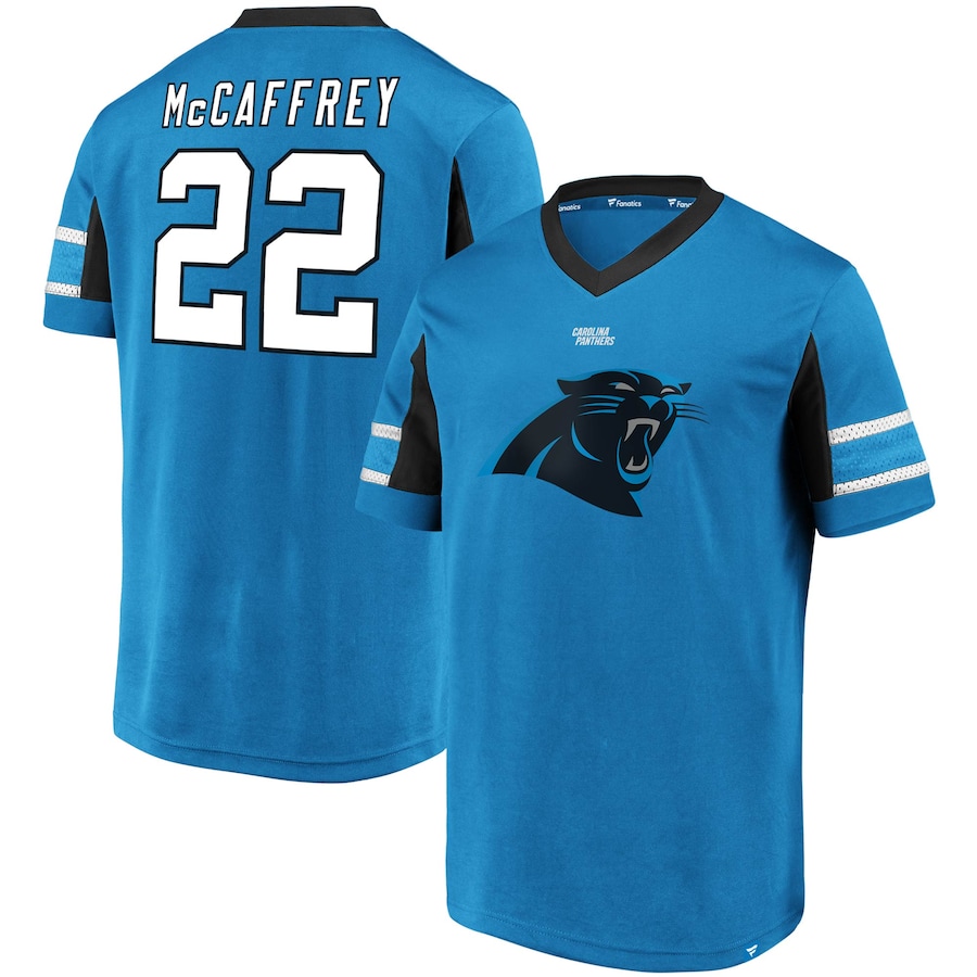 Carolina Panthers Christian McCaffrey Blue Hashmark Player Name & Number V-Neck Top - Man Carolina Panthers Christian McCaffrey Blue Hashmark Player Name & Number V-Neck Top - Man