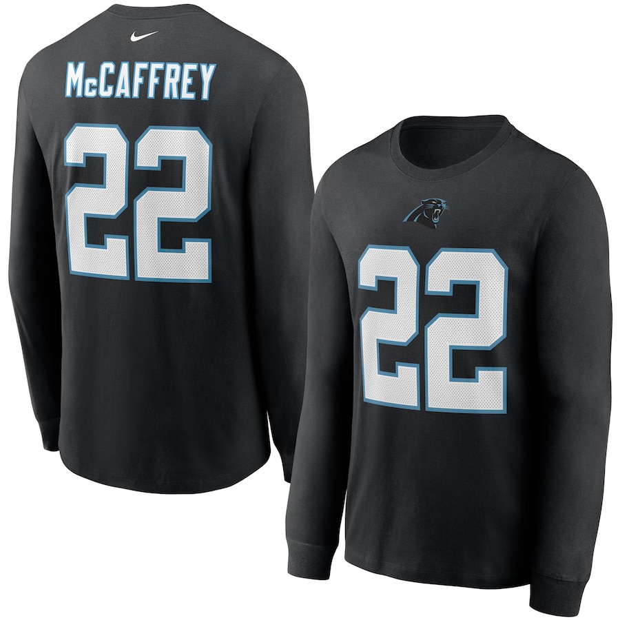 Carolina Panthers Christian McCaffrey Football Black Player Name & Number Long Sleeve T-Shirt - Man Carolina Panthers Christian McCaffrey Football Black Player Name & Number Long Sleeve T-Shirt - Man