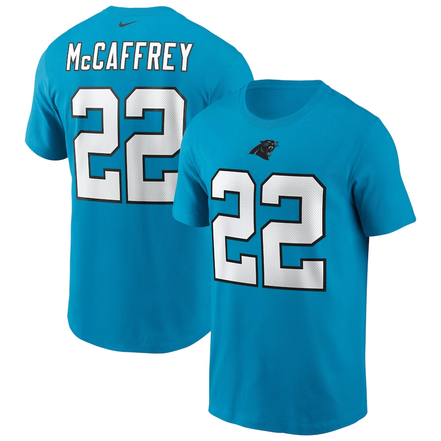 Carolina Panthers Christian McCaffrey Football Blue Name & Number T-Shirt - Man Carolina Panthers Christian McCaffrey Football Blue Name & Number T-Shirt - Man