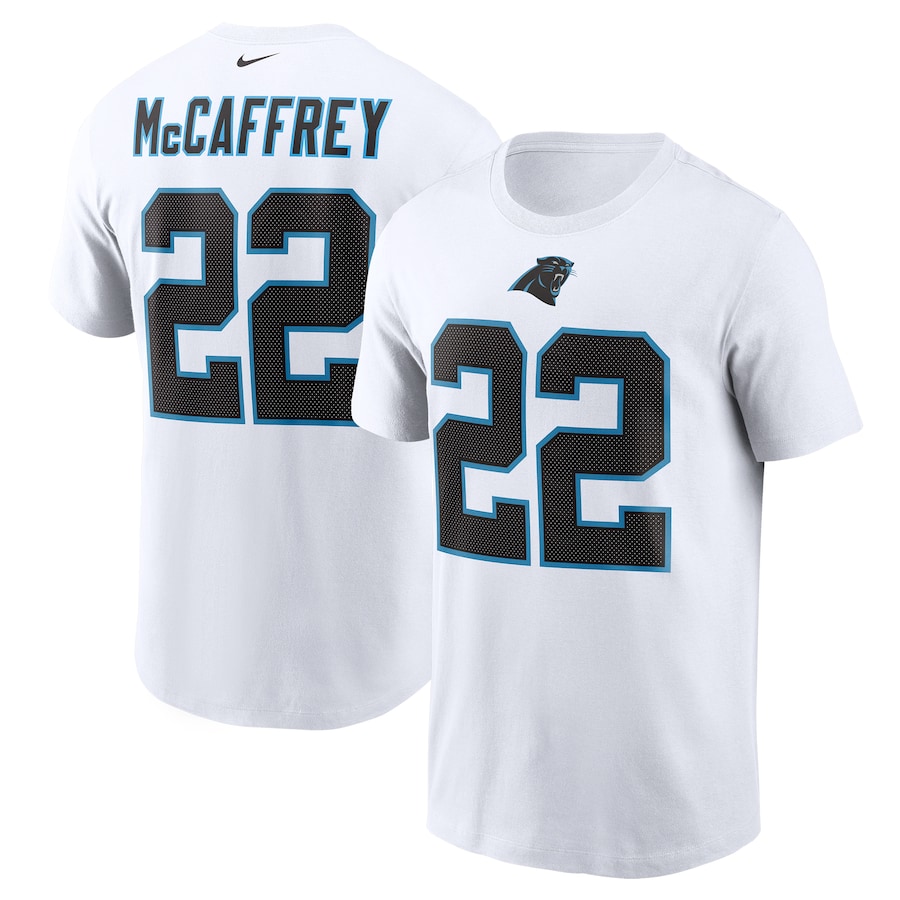 Carolina Panthers Christian McCaffrey Football White Name & Number T-Shirt - Man Carolina Panthers Christian McCaffrey Football White Name & Number T-Shirt - Man