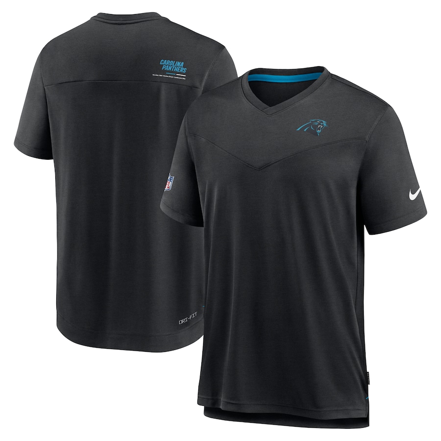 Carolina Panthers Football Black Sideline Coach Chevron Lock Up Logo V-Neck Performance T-Shirt - Man Carolina Panthers Football Black Sideline Coach Chevron Lock Up Logo V-Neck Performance T-Shirt - Man