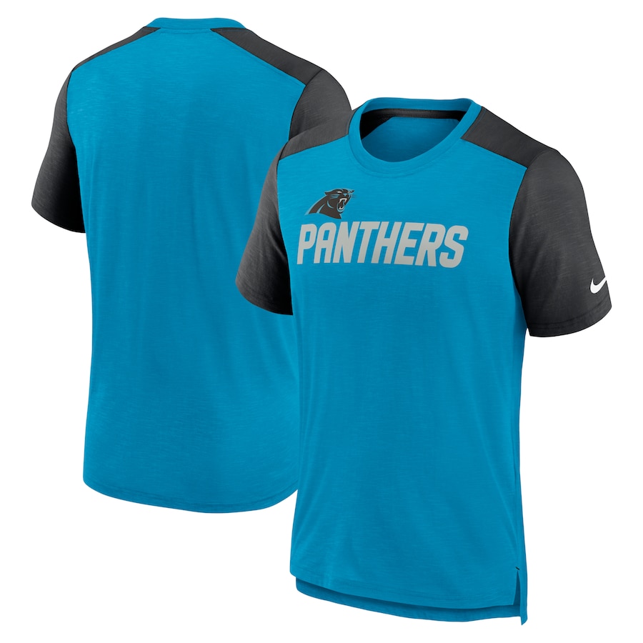 Carolina Panthers Football Heathered Blue/Heathered Black Color Block Team Name T-Shirt - Man Carolina Panthers Football Heathered Blue/Heathered Black Color Block Team Name T-Shirt - Man