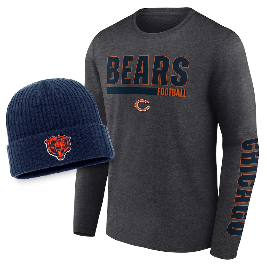 Chicago Bears Heather Charcoal/Navy Long Sleeve T-Shirt & Cuffed Knit Hat Combo Set - Man Chicago Bears Heather Charcoal/Navy Long Sleeve T-Shirt & Cuffed Knit Hat Combo Set - Man
