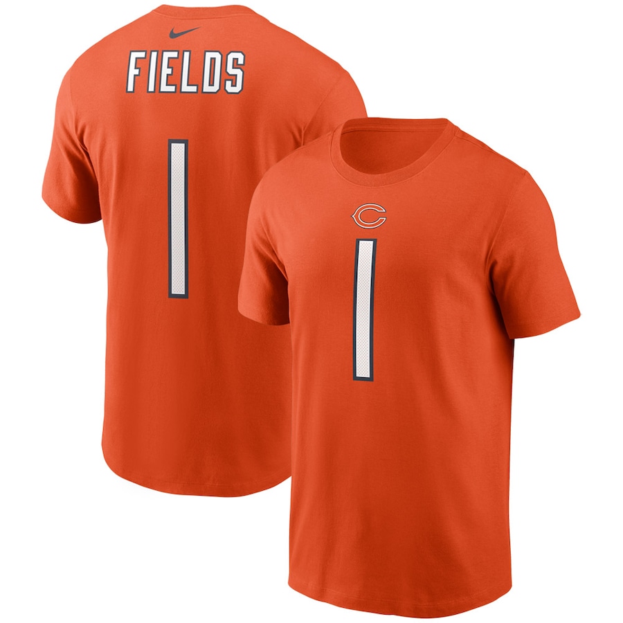 Chicago Bears Justin Fields Football Orange Player Name & Number T-Shirt - Man