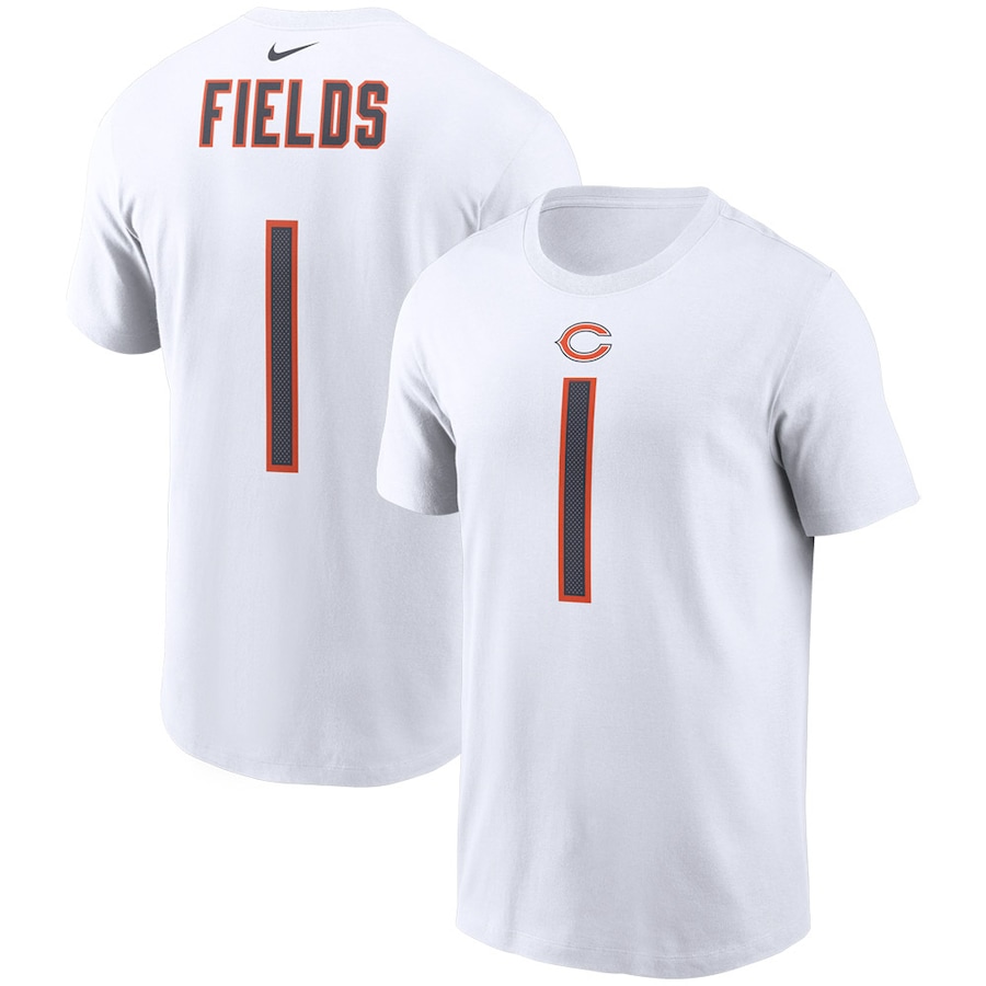 Chicago Bears Justin Fields Football White Player Name & Number T-Shirt - Man