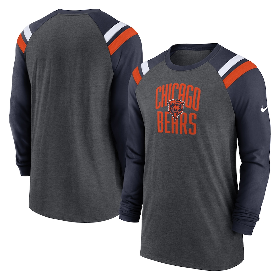 Chicago Bears Football Heathered Charcoal/Navy Tri-Blend Raglan Athletic Long Sleeve Fashion T-Shirt - Man Chicago Bears Football Heathered Charcoal/Navy Tri-Blend Raglan Athletic Long Sleeve Fashion T-Shirt - Man