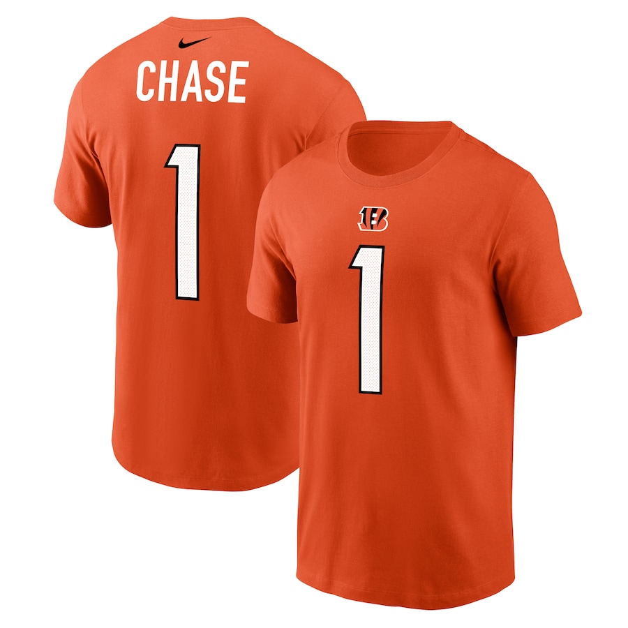 Cincinnati Bengals Ja'Marr Chase Football Orange Player Name & Number T-Shirt - Man
