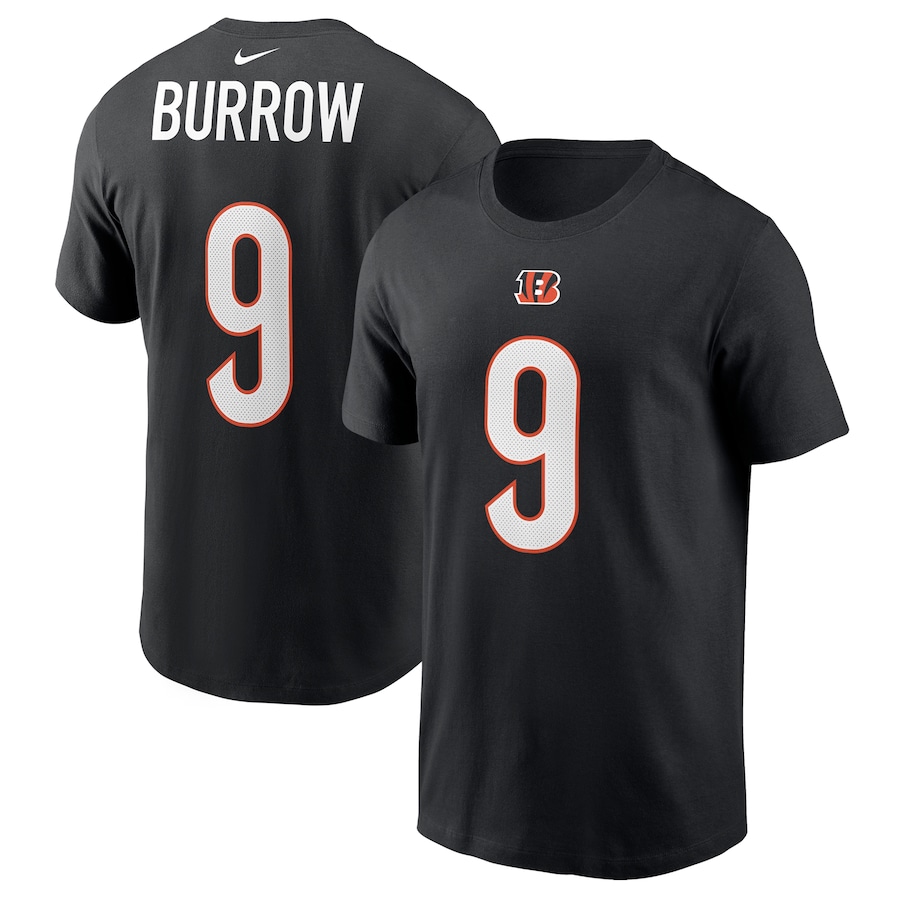 Cincinnati Bengals Joe Burrow Football Black Player Name & Number T-Shirt - Man