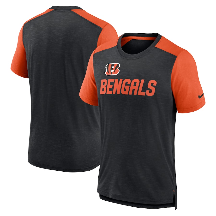 Cincinnati Bengals Football Heathered Black/Heathered Orange Color Block Team Name T-Shirt - Man Cincinnati Bengals Football Heathered Black/Heathered Orange Color Block Team Name T-Shirt - Man