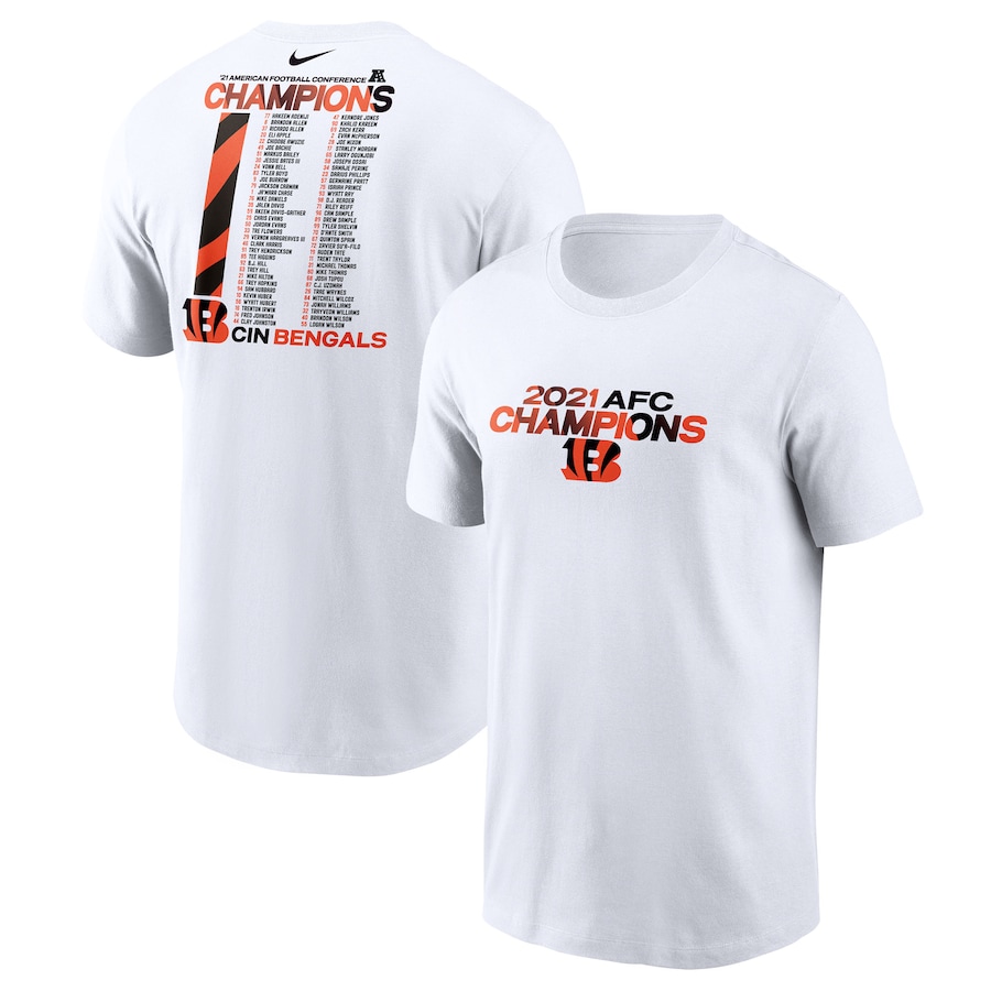 Cincinnati Bengals Football White 2021 AFC Champions Roster T-Shirt - Man Cincinnati Bengals Football White 2021 AFC Champions Roster T-Shirt - Man