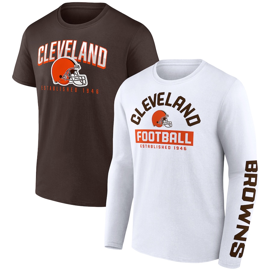 Cleveland Browns Brown/White Long and Short Sleeve Two-Pack T-Shirt - Man Cleveland Browns Brown/White Long and Short Sleeve Two-Pack T-Shirt - Man