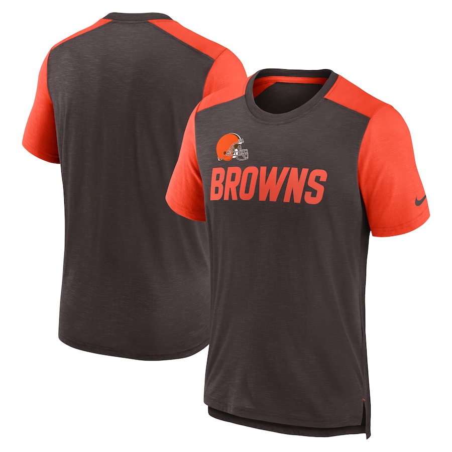 Cleveland Browns Football Heathered Brown/Heathered Orange Color Block Team Name T-Shirt - Man