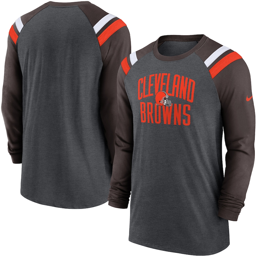 Cleveland Browns Football Heathered Charcoal/Brown Tri-Blend Raglan Athletic Long Sleeve Fashion T-Shirt - Man