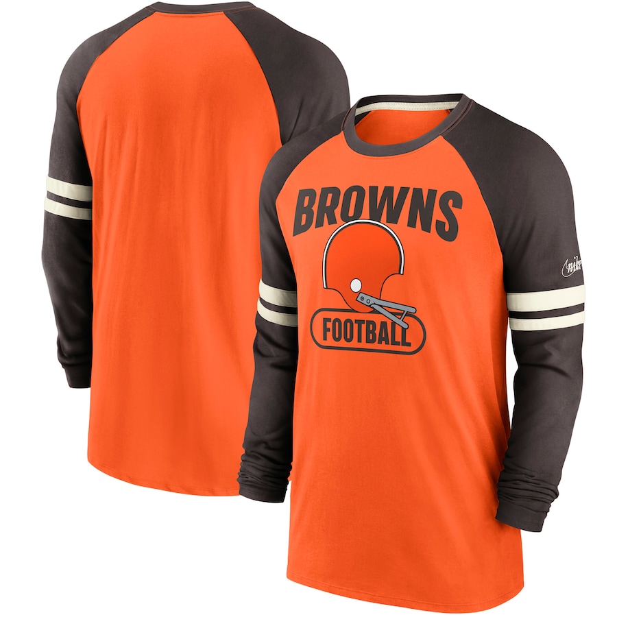 Cleveland Browns Football Orange/Brown Throwback Raglan Long Sleeve T-Shirt - Man
