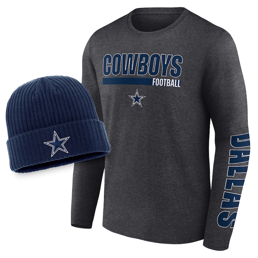 Dallas Cowboys Heather Charcoal/Navy Long Sleeve T-Shirt & Cuffed Knit Hat Combo Set - Man Dallas Cowboys Heather Charcoal/Navy Long Sleeve T-Shirt & Cuffed Knit Hat Combo Set - Man