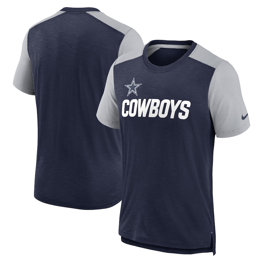 Dallas Cowboys Football Heathered Navy/Heathered Gray Color Block Team Name T-Shirt - Man