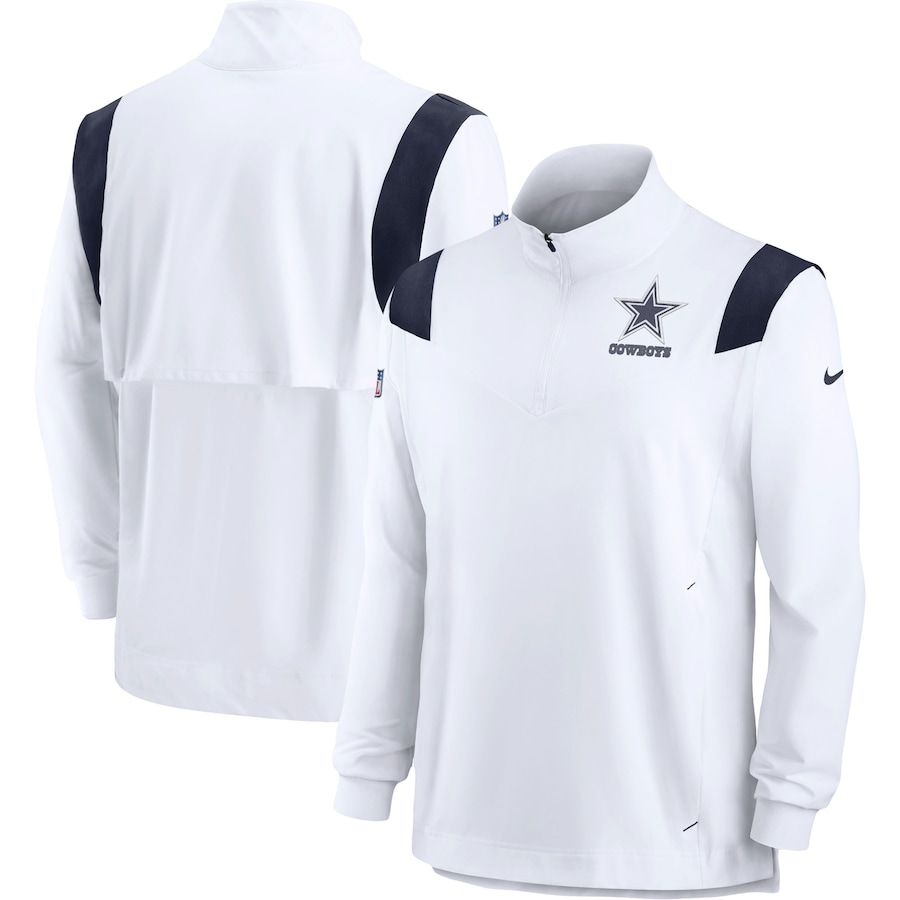 Dallas Cowboys Football White Sideline Coach Chevron Lockup Quarter-Zip Long Sleeve Top - Man Dallas Cowboys Football White Sideline Coach Chevron Lockup Quarter-Zip Long Sleeve Top - Man