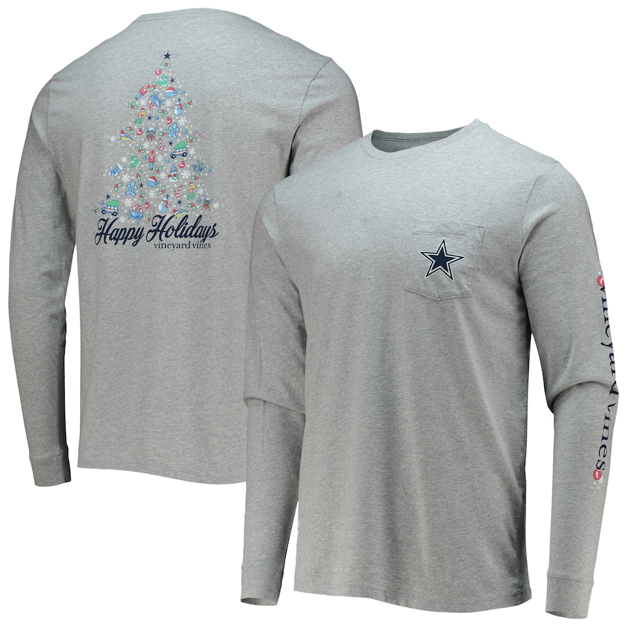 Dallas Cowboys Vineyard Vines Gray Happy Holidays Icon Tree Long Sleeve T-Shirt - Man