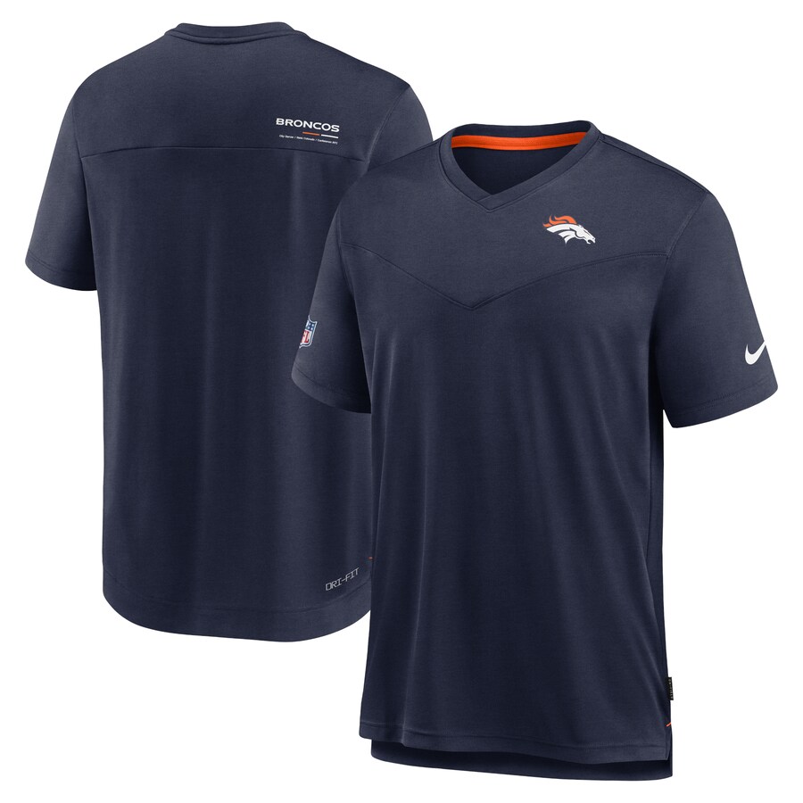 Denver Broncos Football Navy Sideline Coach Chevron Lock Up Logo V-Neck Performance T-Shirt - Man Denver Broncos Football Navy Sideline Coach Chevron Lock Up Logo V-Neck Performance T-Shirt - Man